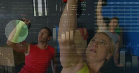 Dynamic gym workout with technology and financial data overlay