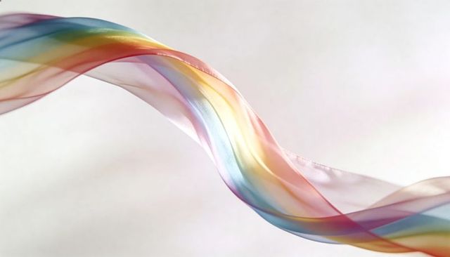Translucent rainbow chiffon ribbon twisting diagonally across soft pale background