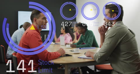 Business Meeting with Financial Data Visualization Overlay