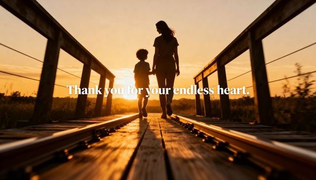 Parent and child walking hand in hand on railway boardwalk at golden sunset silhouette