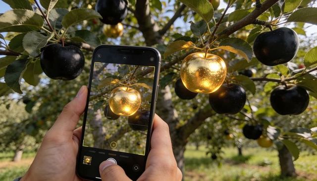 Smartphone capturing golden apple among dark apples on branch in sunny orchard