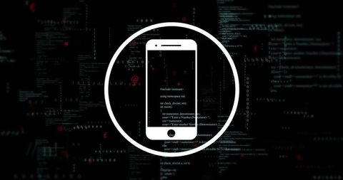 Displaying white smartphone icon in circular frame on dark code background for cybersecurity