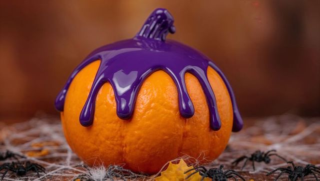 Festive pumpkin with dripping purple paint amid halloween decor