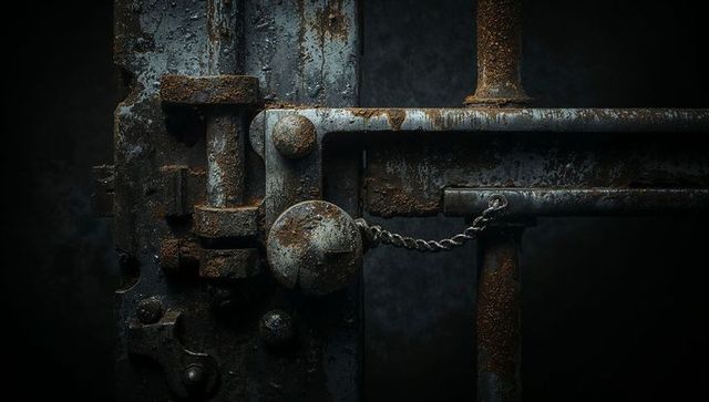 Rusty Latch Assembly with Chain in Dimly Lit Storeroom