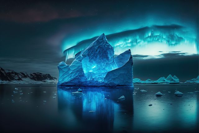 Composition of iceberg reflected in sea over night sky, created using generative ai technology. Nature and icebergs concept digitally generated image.