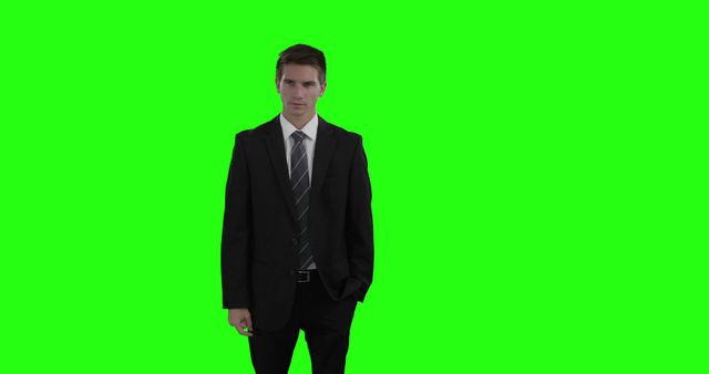 A young Caucasian businessman stands confidently against a green screen background, with copy space. His formal attire suggests a professional setting or corporate environment.