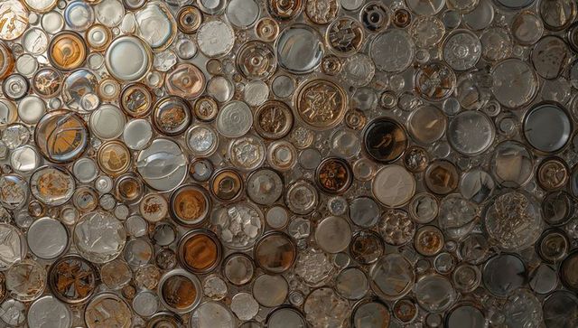 Mosaic of circular glass and metal discs with trapped bubbles and amber reflections