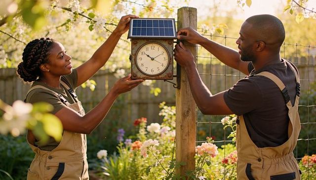 Black couple installing solar-powered garden clock on wooden fence post in golden sunlight