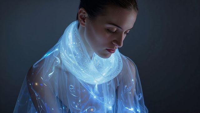 Female model wearing luminous fiber-optic scarf and sheer glowing robe with blue light