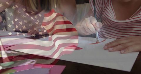 Mother and Daughters Painting Together with American Flag Overlay