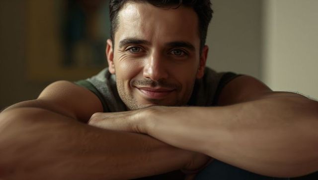 Relaxed man leaning on crossed forearms, warm indoor portrait, friendly closeup