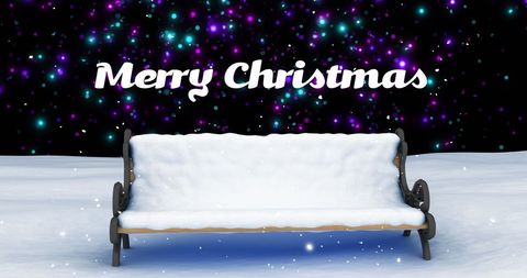 Snow-Covered Bench with Merry Christmas Text and Stars