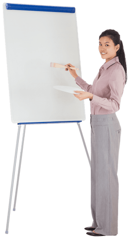 Transparent businesswoman painting on easel for creative branding