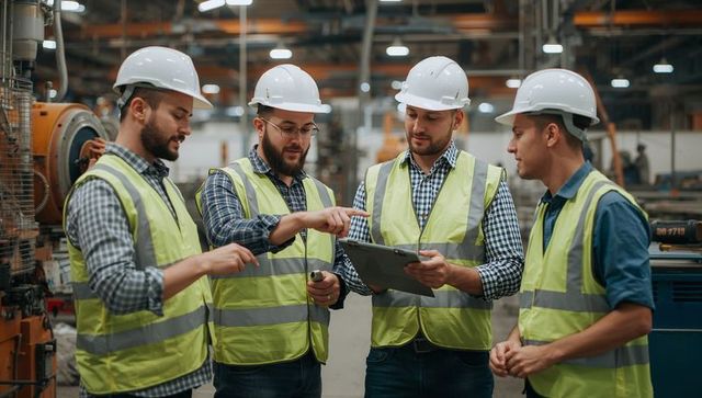 Factory engineers discussing digital plans on tablet during safety briefing in warehouse