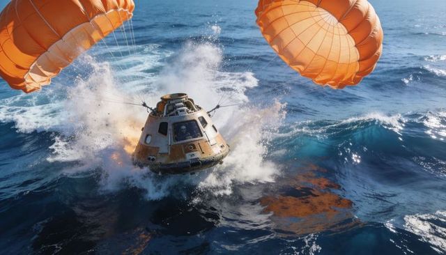Crew return capsule splashing into open ocean with orange parachutes during reentry