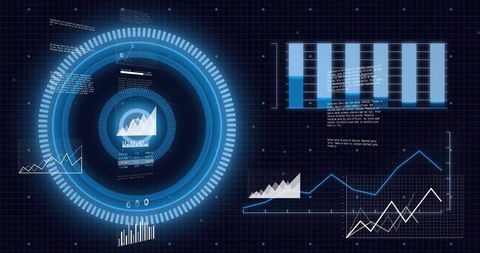 Futuristic glowing HUD dashboard with circular analytics, charts and data visualizations