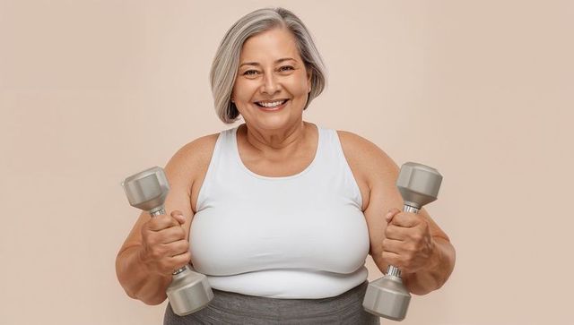 Senior woman strength training holding dumbbells smiling healthy active lifestyle wellness