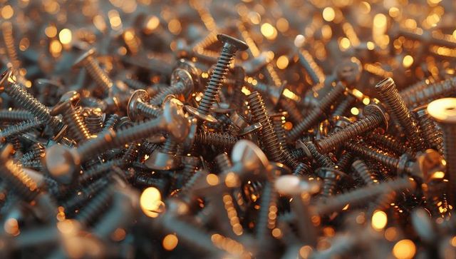 Highlight single metal screw in gleaming golden workshop array