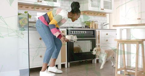 Woman feeding small dog in modern farmhouse kitchen, joyful pet owner mealtime moment