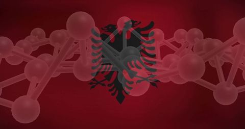 Albanian double-headed eagle overlaying molecular structure on red tech banner for biotech