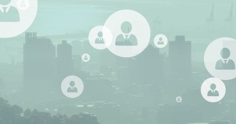 global networking icons overlaying modern cityscape - Download Free Stock Images Pikwizard.com