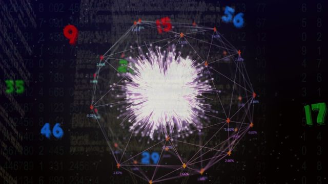 Visual representing data and technology concepts with bright explosion in center surrounded by network connections and numbers on black background. Ideal for illustrating topics related to data processing, digital interfaces, global connections, or technological advancements.