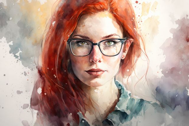 This watercolor-style portrait features a young woman with red hair and glasses, showcasing a blend of realism and artistic flair. Perfect for use in artistic projects, design inspiration, or as a striking visual in editorial content. Great for websites and print publications focusing on art, fashion, or personal style.