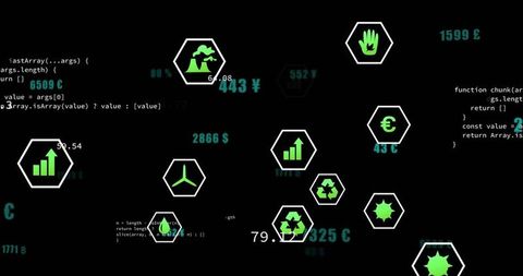 Eco-Friendly Digital Interface with Currency and Technology Icons