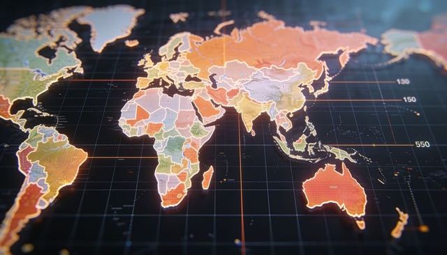Displaying glowing digital world map with neon borders, data gridlines and geo markers