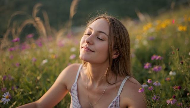 Young woman basking in golden hour sunlight amid wildflower meadow, serene summer portrait peaceful