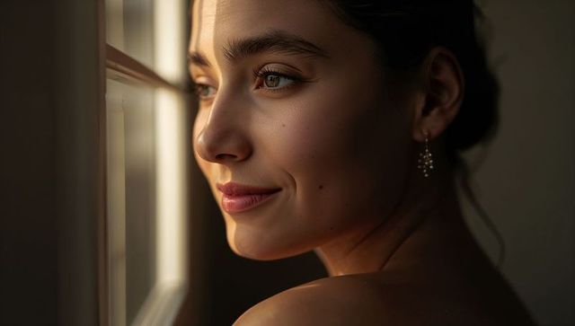 Young woman gazing through window warm golden light intimate close-up profile portrait