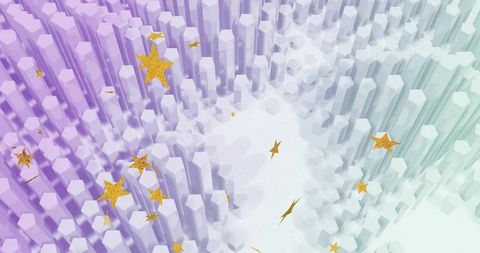 Pastel 3d hexagonal pillars forming central clearing with floating gold stars, abstract