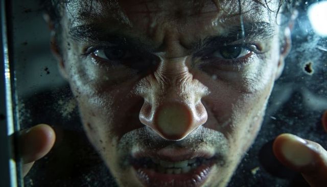 Man pressing face and fingertips against dirty wet glass, close-up claustrophobic stare