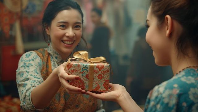 Smiling Women Exchanging Holiday Gift in Market Setting
