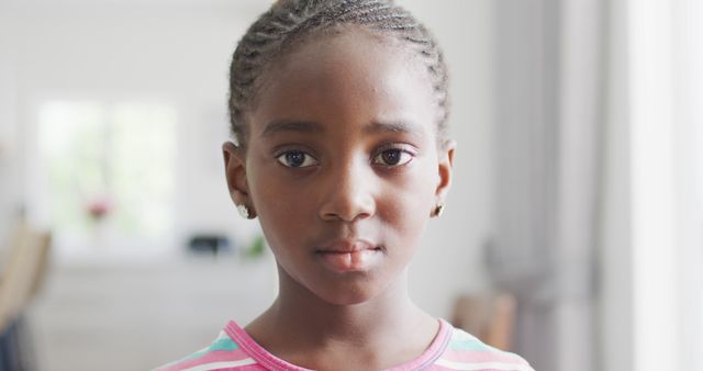 Portrait of young African American girl wearing pink striped shirt with braided hair, looking serious indoors with blurred background. Useful for educational content, public awareness campaigns, advertisements focusing on childhood and youth, and inclusive representation in media.