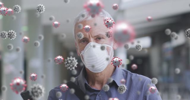 Senior Man with Face Mask and Virus Cells Digital Overlay - Download Free Stock Images Pikwizard.com