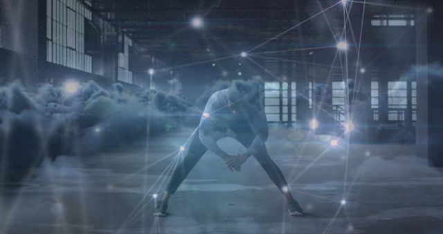 Man Stretching in Surreal Warehouse with Digital Lines and Clouds - Download Free Stock Images Pikwizard.com