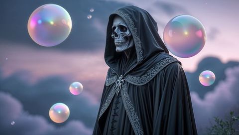 Haunting skeletal grim reaper figure embraces floating bubbles at dusk