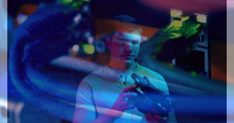 Man Exploring VR Device in Technological Server Environment