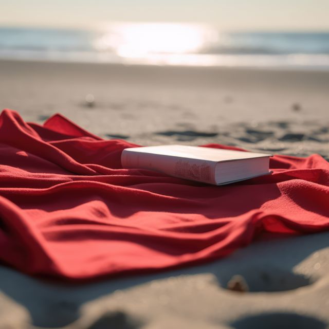 Red towel with book on beach, created using generative ai technology. Seaside landscape, vacation, leisure, summer and nature concept digitally generated image.