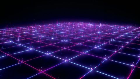 Neon grid stretching toward horizon with glowing sparks and cyberpunk lattice beams