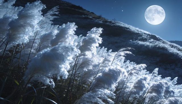 Moonlit silver pampas swaying on misty hillside under full moon and starry night sky