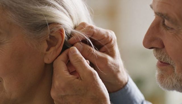 Senior man tucking gray hair behind partner ear, showing tenderness and close connection