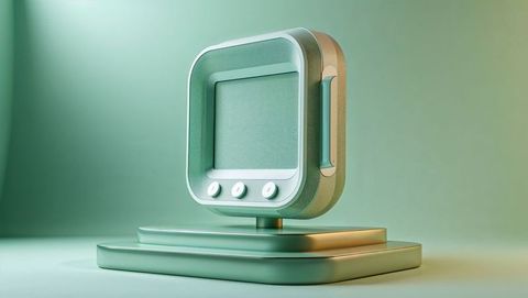 Mint green futuristic square display with handle and button, seismograph concepts