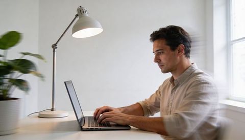 Focused freelancer typing on laptop at bright minimalist home office desk near window