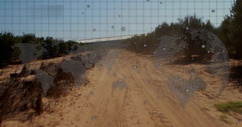 Sandy road moving forward with dotted world map overlay showing global route progress