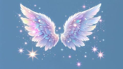 Glowing pastel angel wings with sparkling stars in magical sky