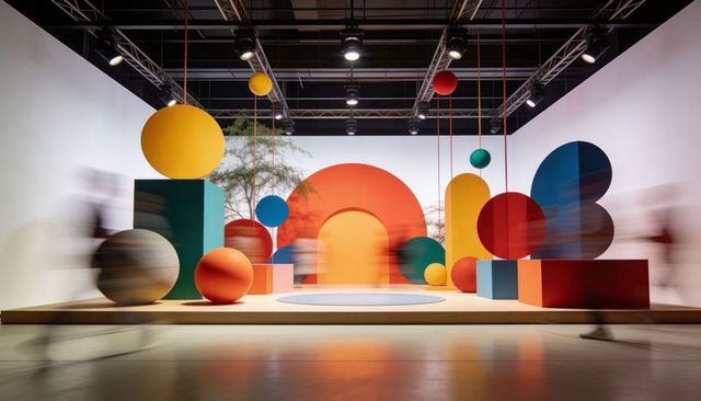 Colorful geometric exhibition with oversized spheres and red arch on gallery plinth