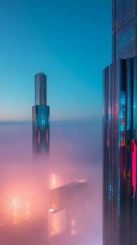 Neon-lit glass skyscrapers piercing morning fog, reflecting teal and magenta light — vertical video