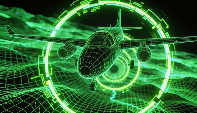 Neon green wireframe twin-engine jet navigating holographic hud with telemetry rings